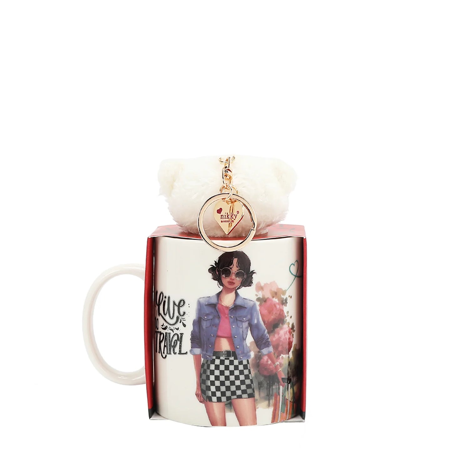 NIKKY CERAMIC MUG WITH BUNNY KEYCHAIN I LIVE TO TRAVEL