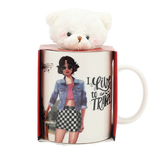 NIKKY CERAMIC MUG WITH BUNNY KEYCHAIN I LIVE TO TRAVEL
